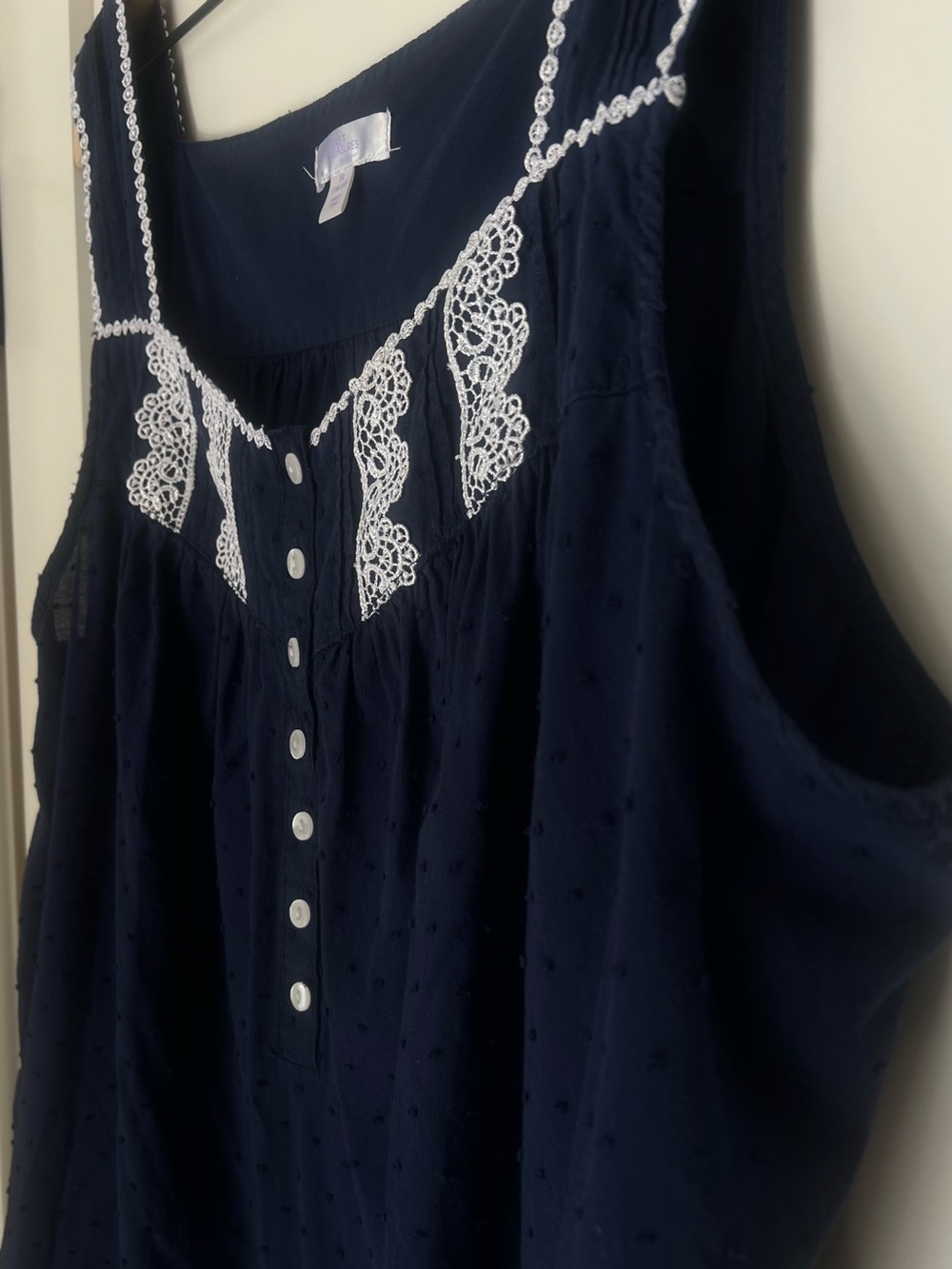 100% Cotton | 3X Plus Navy Swiss Dot Sleep Dress Lace Trim Nightgown